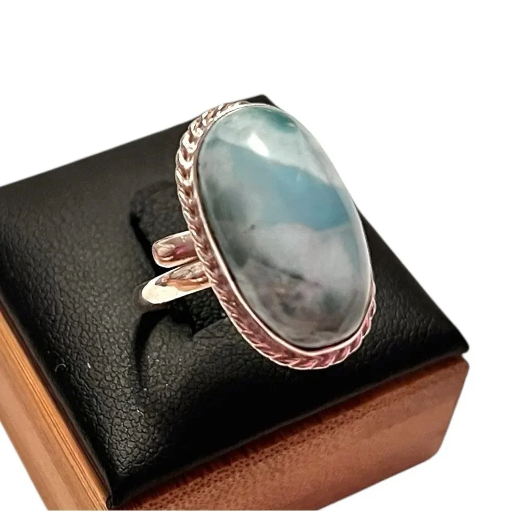 Elegant Sterling Silver Oval Larimar Adjustable Ring